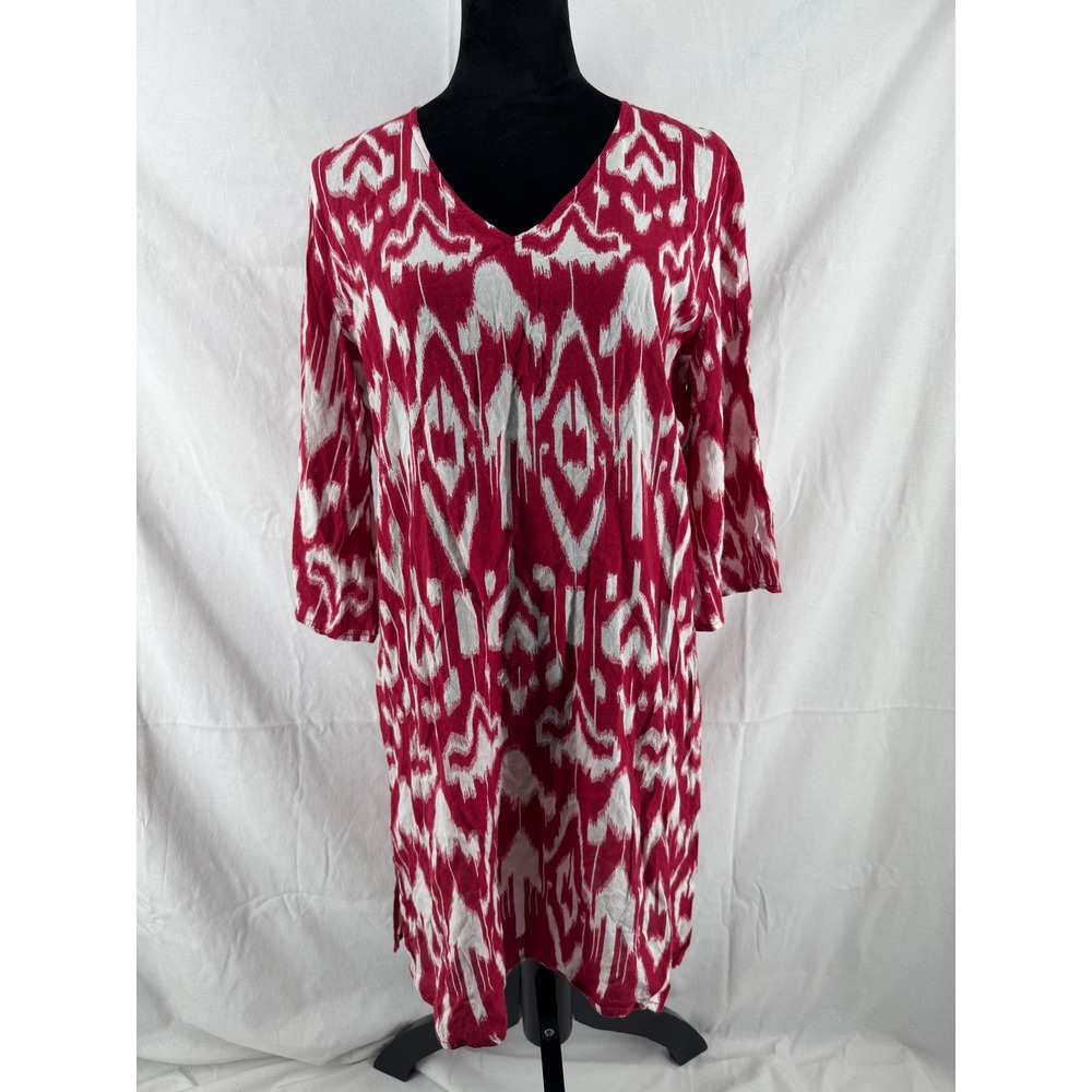 World Market Red White Ikat‎ Print V-Neck Tunic Dress Womens SM Rayon Boho Shift